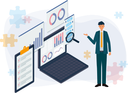 パソコンで統計を説明する男性